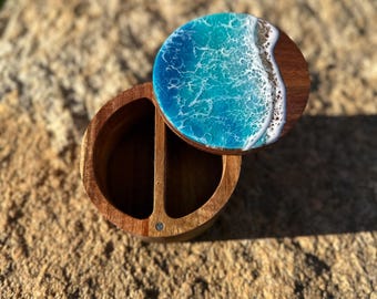 Acacia Wood Salt Box: Ocean Resin Art, Beach Decor