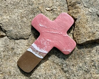 Ocean Resin Cross Decor: Pink Waves, Shells, and Sand