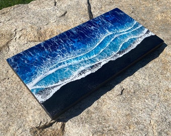 Resin Ocean Painting: 8x16 Coastal Beach Art with Black Sand