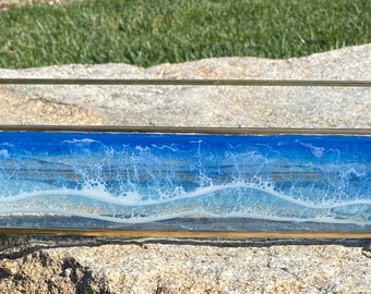 Ocean Resin Art Tray: Gold Glass Beach Decor (12.6x4x4)