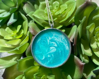 Resin Ocean Wave Pendant Necklace: Iridescent Blue Green Abstract Art