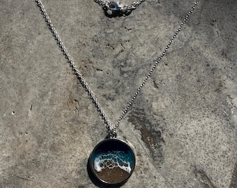 Resin Ocean Pendant: Silver Bezel, Beach Scene Necklace
