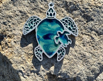 Resin Sea Turtle Ornament: Wood Ocean Art, Beach Decor