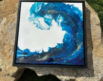 Blue and Gold Tranquility - Framed 20x20 Abstract Ocean Wave Art