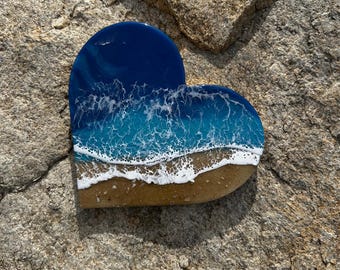 Resin Ocean Heart Art: Real Sand Beach, Coastal Decor (9x8 inches)
