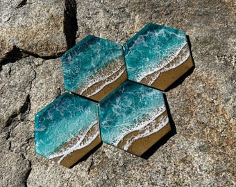 Handmade Resin Beach Coaster Set: Ocean Wave Hexagon Coasters