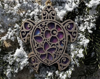 Resin Sea Turtle Ornament: Shimmery Gold Wood Ocean Decor