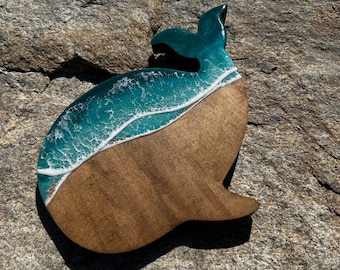 Whale Cutting Board: Deep Greens Ocean Wave Resin Art, Bamboo Charcuterie Board
