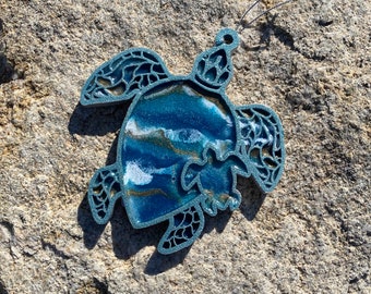 Mommy and Baby Sea Turtle Ornament: Wood and Resin Ocean Art