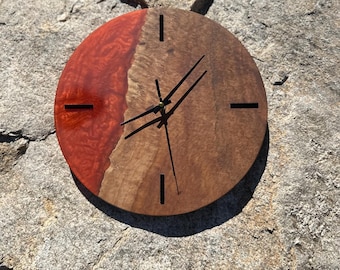 Wood and Resin Wall Clock – 12 Inch Eucalyptus Gum, Orange Red Resin