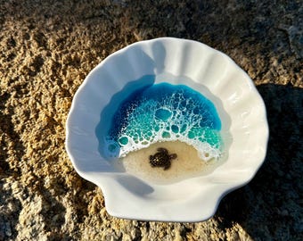 Seashell Ceramic Ring Dish: Ocean Resin Art Trinket Tray