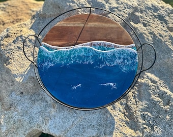 Ocean Resin Tray: Beach Decor Serving Tray, Wood & Iron, 16-inch