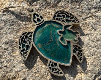 Mommy and child Sea Turtle Ornament: Wood Ocean Art, Beach Decor