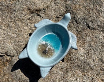 Sea turtle trinket dish with ocean scene - light blues