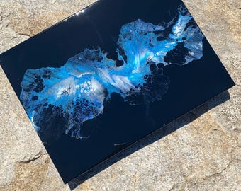 Dutch Pour Abstract 12x16 Art Piece — Black, Light Blue, & Silver