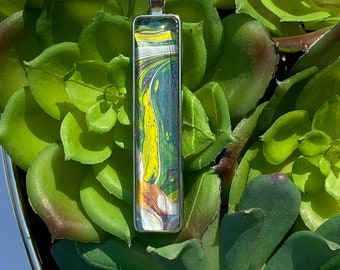 Abstract Art Pendant Necklace: Acrylic Pour Skin, Silver Tone Chain