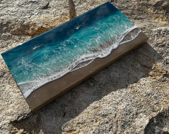 Resin Ocean Painting: 8x16 Coastal Beach Art with Real Sand