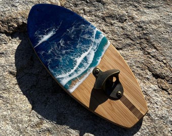 Ocean Resin Art Surfboard Bottle Opener: Coastal Home Decor