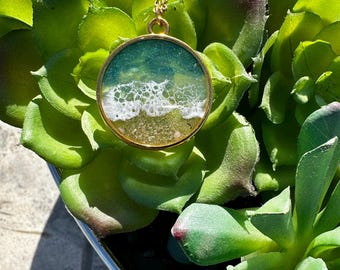 Ocean Resin Pendant: Gold Tone Bezel, Beach Scene Necklace