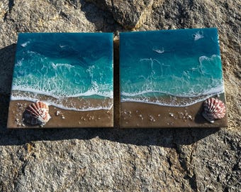 Teal Ocean Resin Art Diptych: Beach Sand & Shells (8x8 inch)