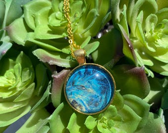 Abstract Circle Pendant — Gold & Teal Tide