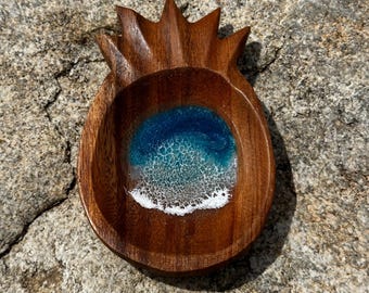 Pineapple Wood Ocean Resin Trinket Dish: Beachy Home Decor