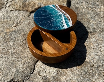 Bamboo Wood Salt Box: Ocean Resin Art, Beach Decor