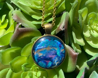Abstract Art Pendant: Teal, Green, Magenta Acrylic Skin Necklace