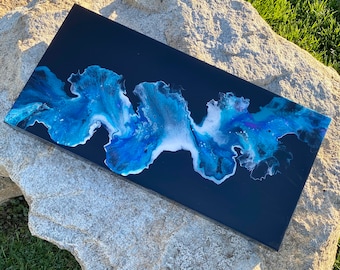 Black Dutch Pour Abstract Painting: Iridescent Fluid Art (12x24)