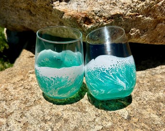 Teal Ocean Resin Wine Glasses: Coastal Home Decor