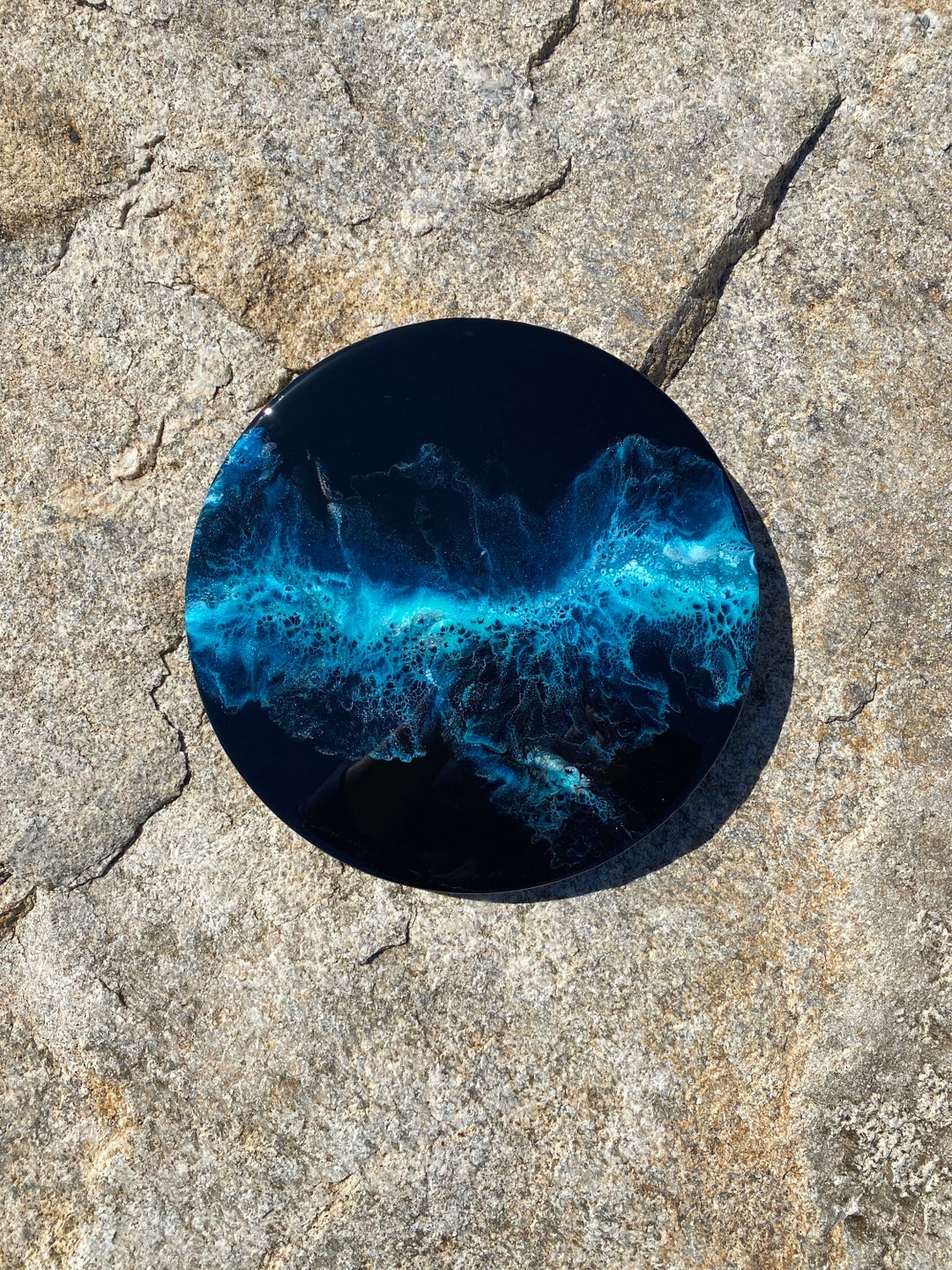 10" Black Dutch Pour W Iridescent Ocean Colors, Abstract Painting ...