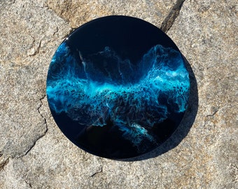 Iridescent Ocean Resin Painting, Black Dutch Pour, 10" Original Art