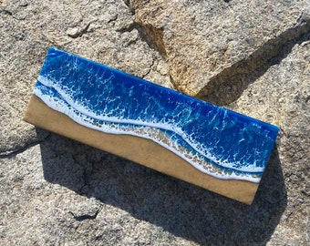 Original Resin Ocean Painting: Beach Wave Art on Wood
