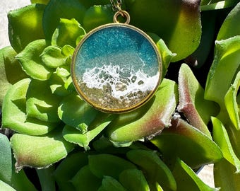 Resin Ocean Pendant: Gold Bezel, Beach Scene Necklace
