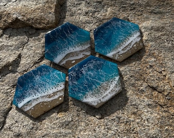 Handmade Resin Beach Coaster Set: Ocean Wave Hexagon Coasters
