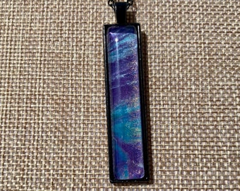 Abstract Art Pendant: Purple, Blue, and Silver Acrylic Skin Necklace