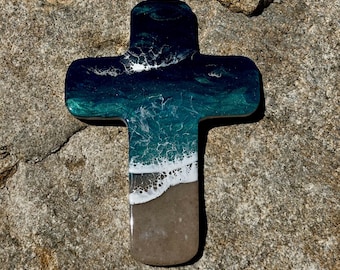 Ocean Resin Cross: Wood Cutout Beach Art Decor