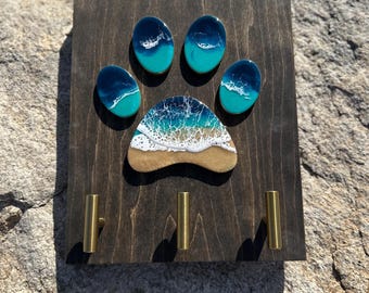 Dog paw leash holder - ocean resin puppy decor