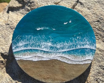 Ocean Resin Painting: 16" Round Beach Scene