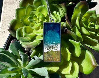Resin Ocean Pendant: Rectangle Silver Bezel, Beach Scene Necklace