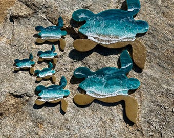 Resin Sea Turtle Family - Emerald Greens and Aqua Waters Ocean Resin Art