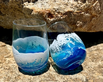 Ocean Resin Wine Glasses: Teal Blue Waves, Coastal Decor