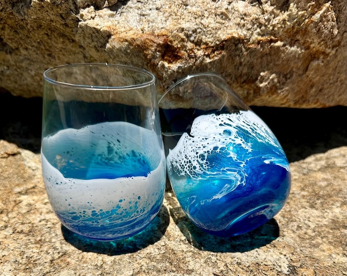 Featured listing image: Ocean Resin Wine Glasses: Teal Blue Waves, Coastal Decor