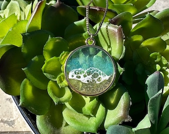 Resin Ocean Pendant: Gold Bezel, Beach Scene Necklace