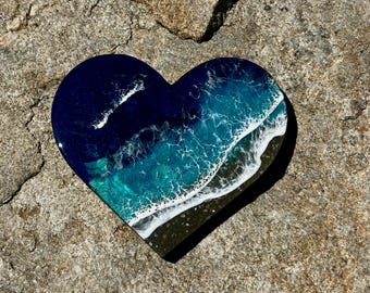 Resin Ocean Heart Art: Real Sand Beach, Coastal Decor (9x8 inches)