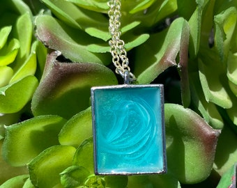 Resin Ocean Wave Pendant Necklace: Iridescent Blue Green Abstract Art