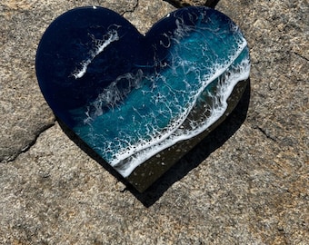 Resin Ocean Heart Art: Real Sand Beach, Coastal Decor (9x8 inches)