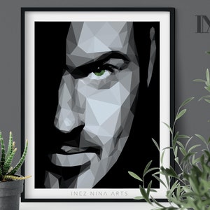 May include: A framed art print featuring a geometric portrait of a person's face. The artwork is primarily black and white, with a striking green eye. The artist's name, INEZ NINA ARTS, is printed at the bottom of the artwork.