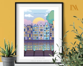 Amsterdam Travel Print, Netherlands, City Poster, Wedding Gift, Birthday Present, Housewarming Gift, Wall Art, Skyline Art