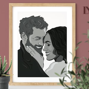 Meghan Markle & Harry Portrait, Druckbare Wandkunst, Cartoon, Home Decor Poster, herunterladbarer Digitaldruck, Promi, Illustration, Zeichnung